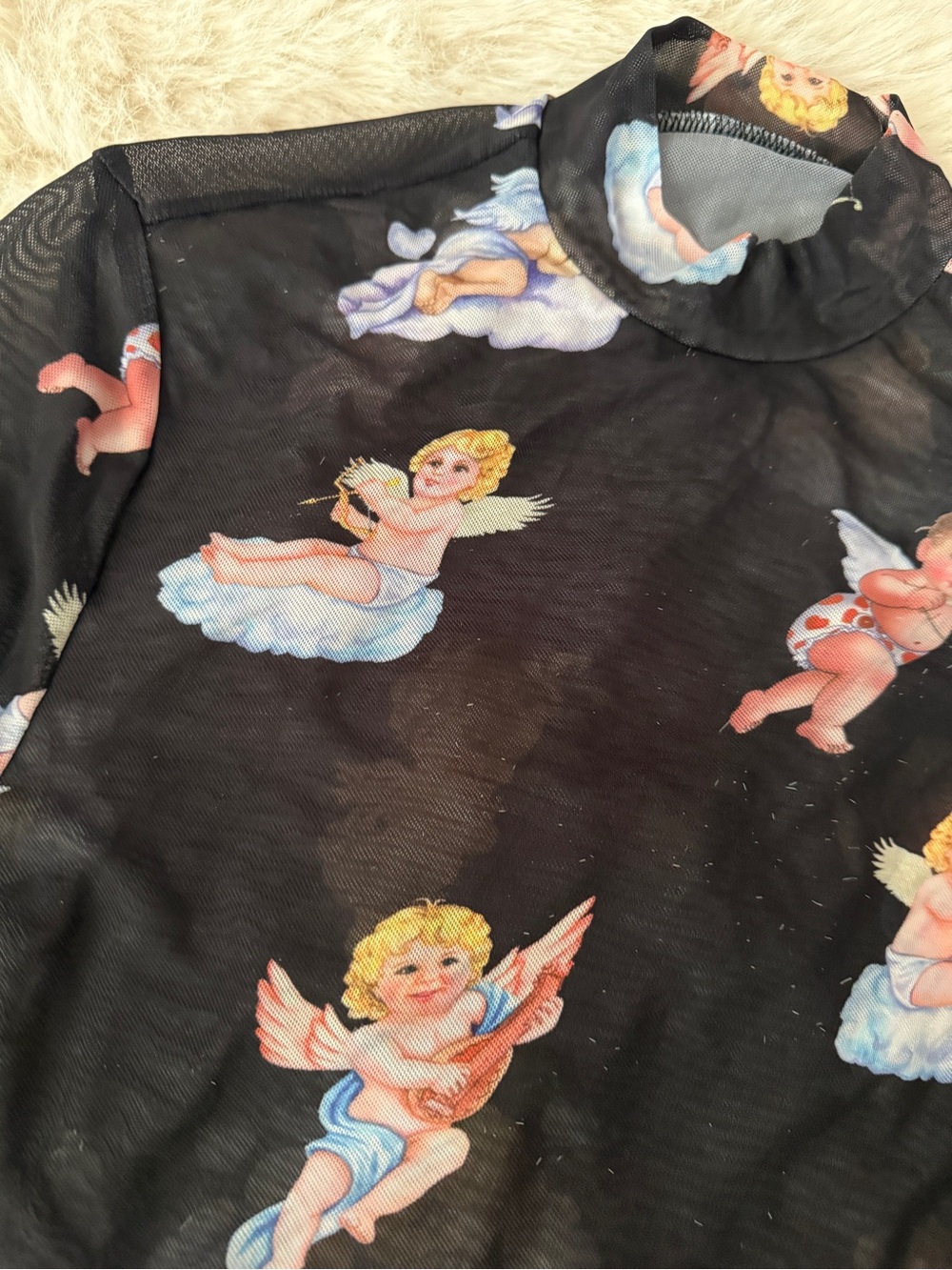 Black Mesh Long Sleeve Top with Cherub Print 1XL - Picture 3 of 3